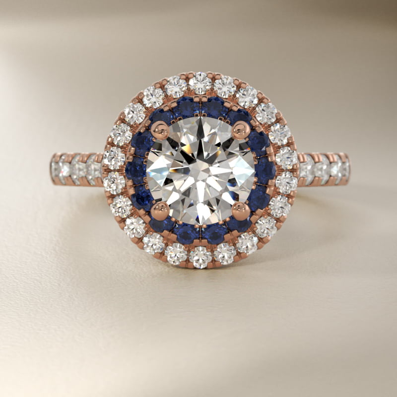 Sapphire and Diamond Double Halo Engagement Ring in 14k Rose Gold (1/2 ct. tw.)