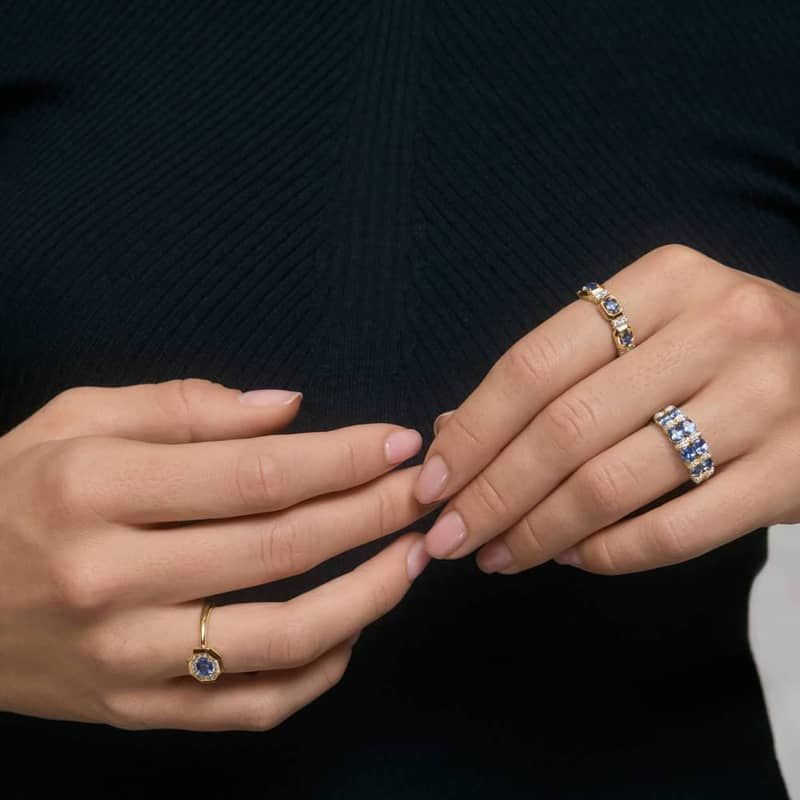 East-West Oval Cut Blue Sapphire Ring With Diamond Accent In 14K Yellow Gold